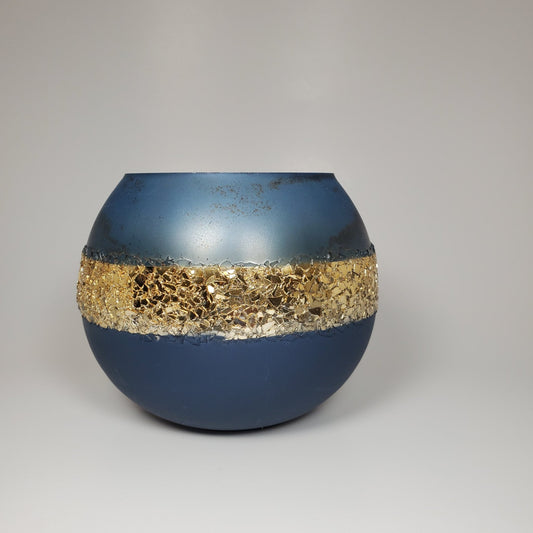 Blue and gold glass candle holder view